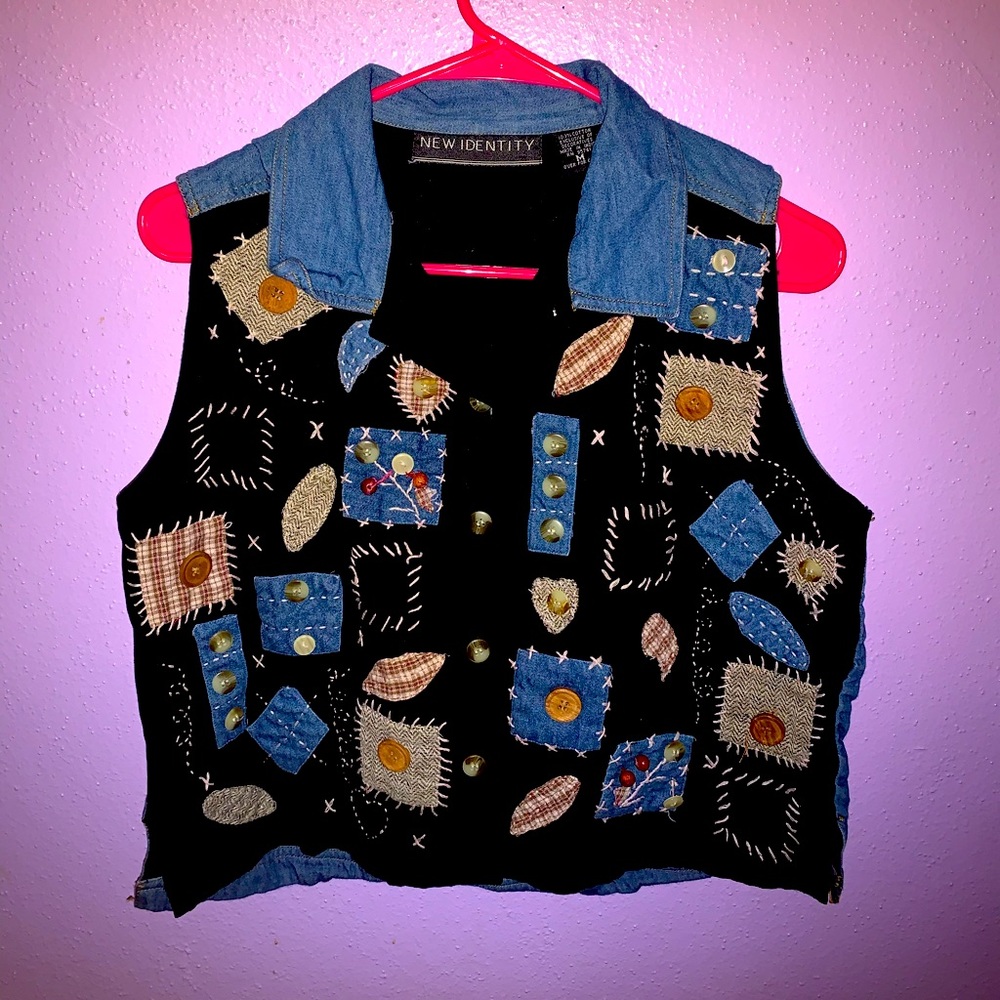 Vintage New Identity Blue and Black Patchwork Cropped Vest